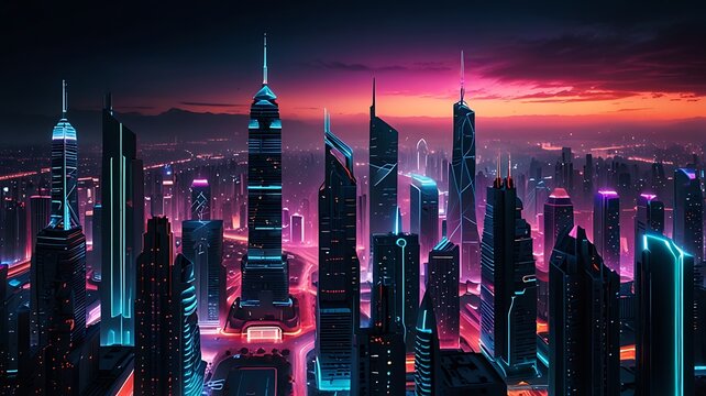 Futuristic cityscape glowing with neon lights