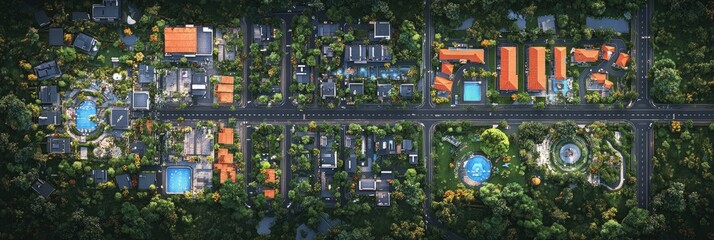 Obraz premium Aerial view of a landscaped urban area with buildings and greenery.