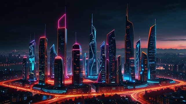 Futuristic cityscape glowing with neon lights