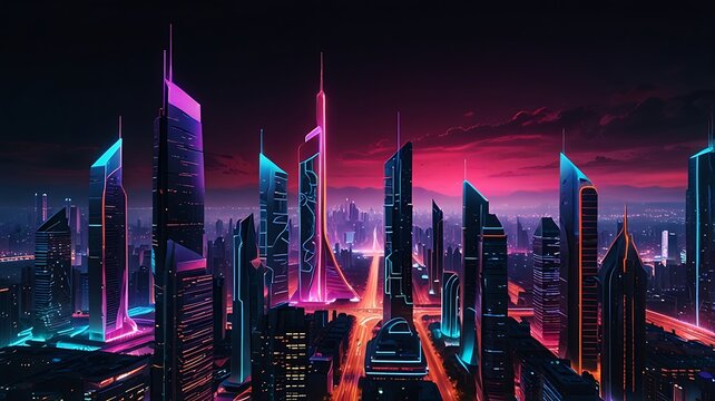 Futuristic cityscape glowing with neon lights