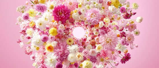 Fototapeta premium Vibrant Floral Arrangement with Pink and White Flowers in Circular Composition on Soft Pink Background