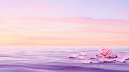 Serene Pink Rose Petals Floating on Calm Water at Sunset, Gentle Waves Reflecting Pastel Skies