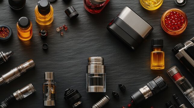 Vaping supplies arranged on dark surface, overhead shot