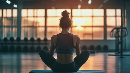 Fototapeta premium Determined Fitness Enthusiast Setting and Reviewing Workout Goals in Gym with Motivational Energy, Weights and Yoga Mat Nearby