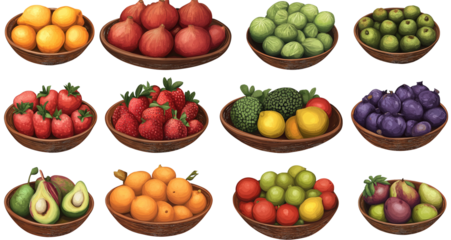 Fruit and vegetable display, various types of produce in bowls or baskets, isolated on a transparent background in PNG file