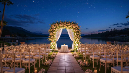 Beautiful floral arch at a lakeside wedding venue on night view with white chairs arranged for guests