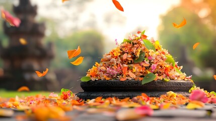 Temple Offerings, a vibrant array of colorful offerings arranged at the base of a sacred temple, symbolizing devotion and cultural tradition.