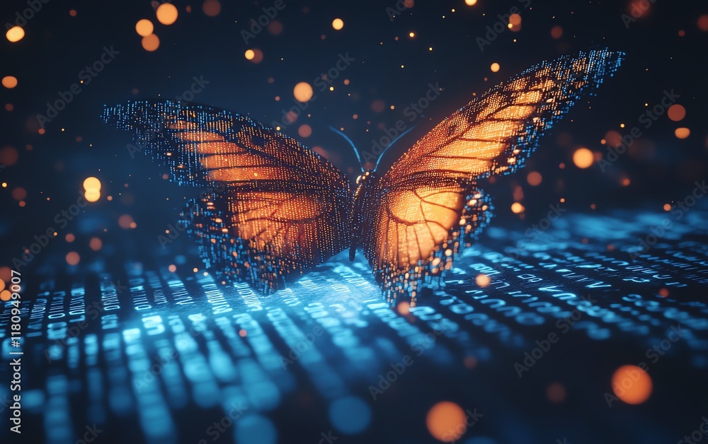 Leinwandbilder Pixelated butterfly emerging from binary code, representing digital transformation, hyperrealistic depiction of technological and business evolution, futuristic themes