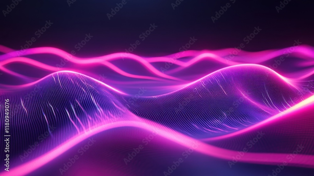 Poster a vibrant digital landscape featuring flowing waves of pink and purple light against a dark backgrou