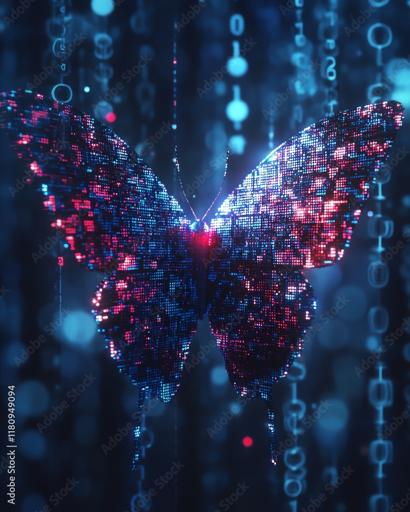 Fototapete The concept of digital transformation, pixelated butterfly rising from binary code, hyperrealistic symbol of technological change and business innovation, modern design