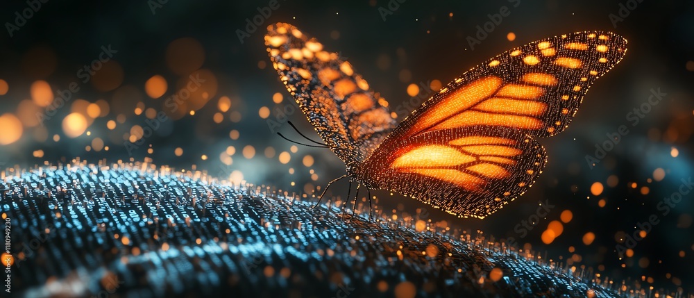 Poster The evolution of technology and business, pixelated butterfly emerging from binary code, hyperrealistic digital transformation concept, modern, futuristic visual