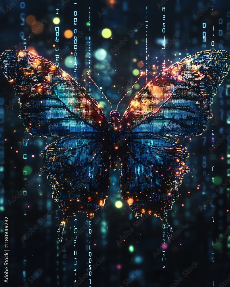 Leinwandbilder The concept of digital transformation, pixelated butterfly rising from binary code, hyperrealistic symbol of technological change and business innovation, modern design