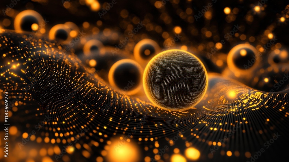 Poster a mesmerizing abstract scene featuring glowing spheres amidst a wave of shimmering lights and patter