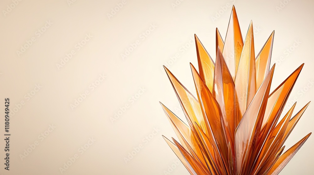 Poster glass sculpture with sharp orange shards creating an artistic and modern centerpiece against a neutr