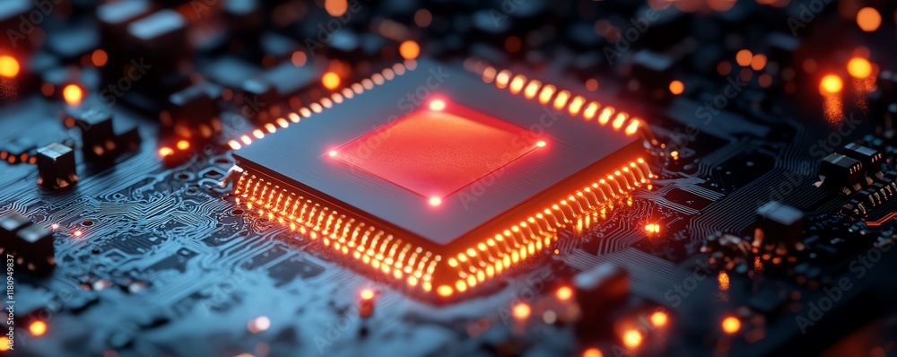 Poster Abstract representation of advanced computer hardware, focusing on glowing circuitry elements, wires, and glowing components in a detailed circuit board background
