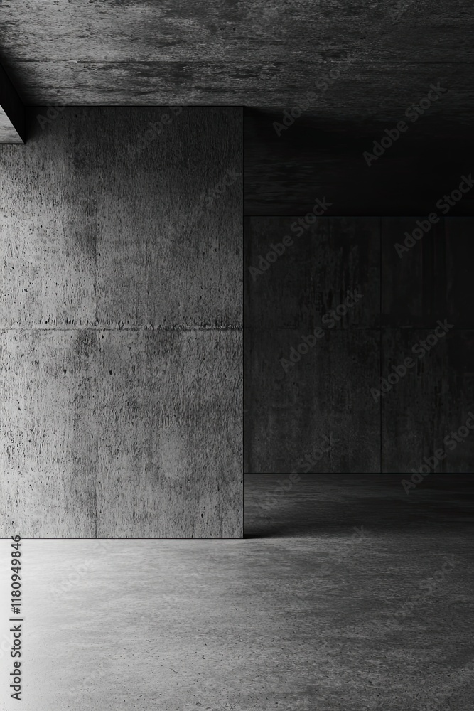 Poster Abstract black and white interior background with a concrete wall, a dark room with a floor and ceiling. minimalist modern architecture with empty space for a design concept