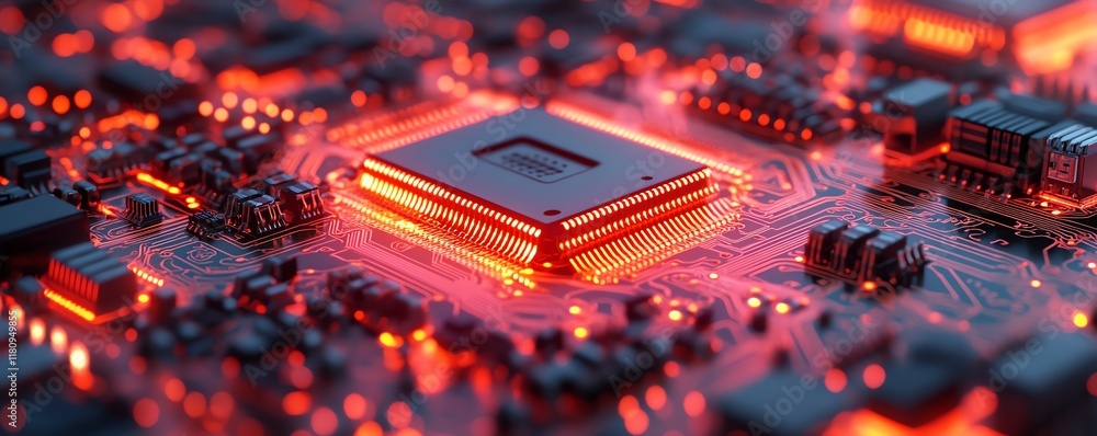 Poster Abstract representation of advanced computer hardware, focusing on glowing circuitry elements, wires, and glowing components in a detailed circuit board background