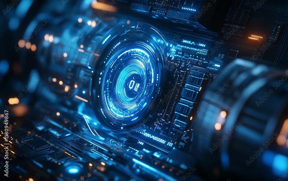 Poster blue digital technology background with mechanical components, detailed circuit board design, glowin
