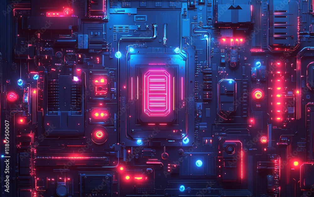 Poster blue digital technology background with mechanical components, detailed circuit board design, glowin