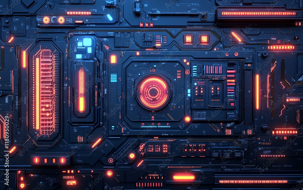 Poster blue digital technology background with mechanical components, detailed circuit board design, glowin