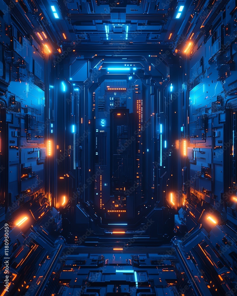 Poster Blue digital technology background, mechanical elements and circuits, hyperrealistic design, glowing neon patterns, futuristic digital textures and reflections