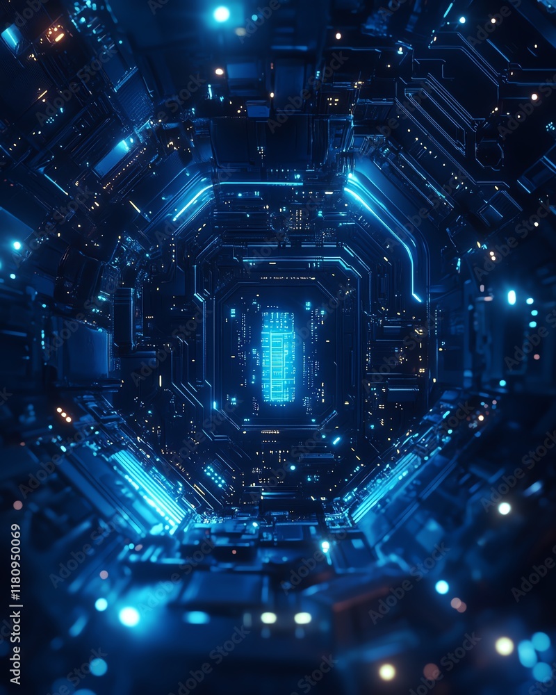 Poster blue digital technology background, mechanical elements and circuits, hyperrealistic design, glowing