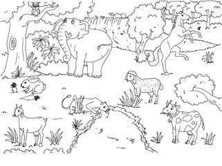 Cute cartoon hand drawn vector jungle coloring book age.