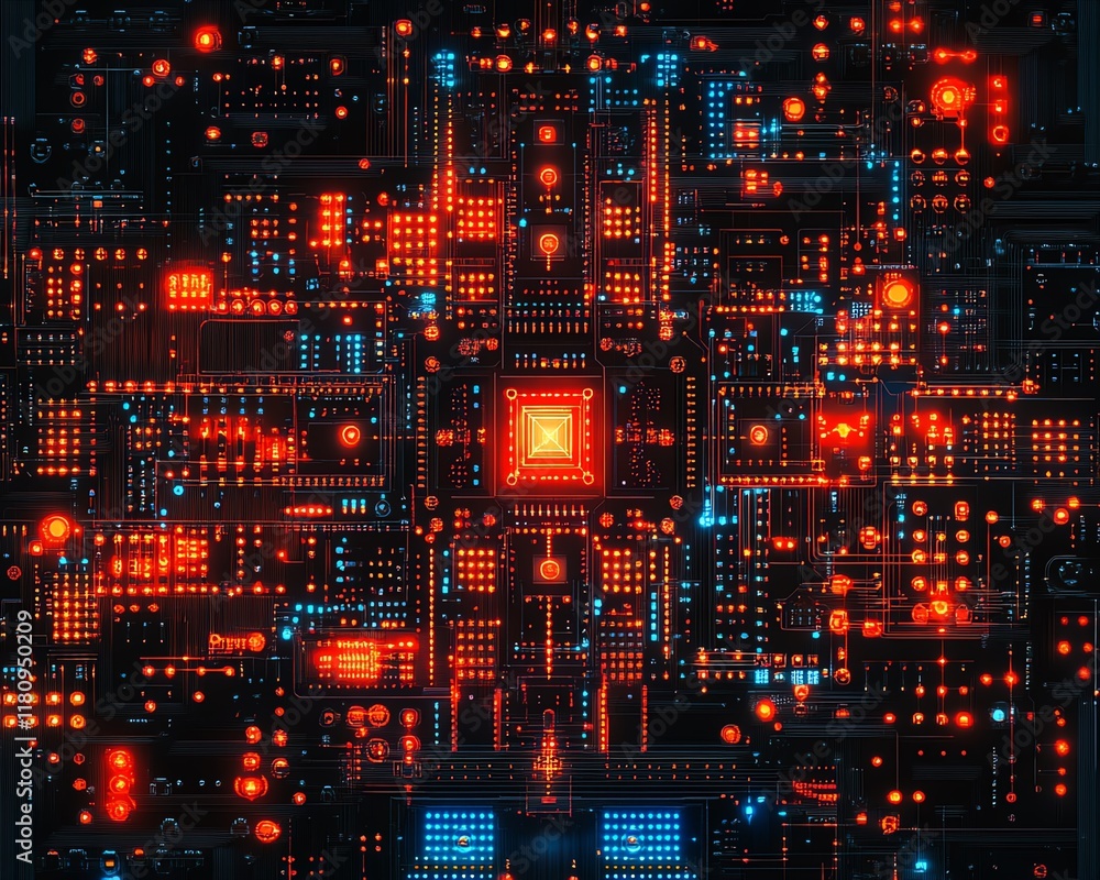 Fototapete complex abstract circuit patterns illuminated with neon lights, highlighting intricate technology de