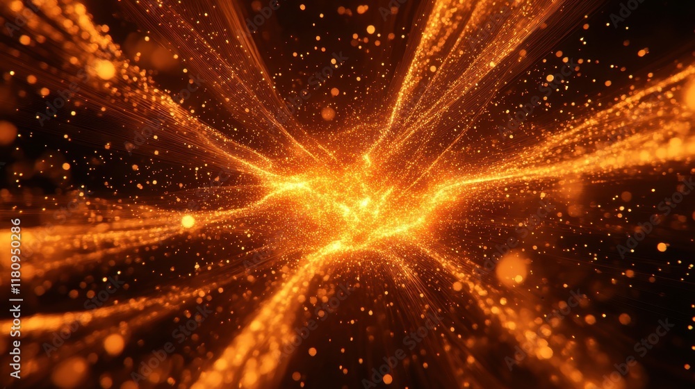Poster a stunning visual of radiant orange light rays emanating from a central point, creating a dynamic an