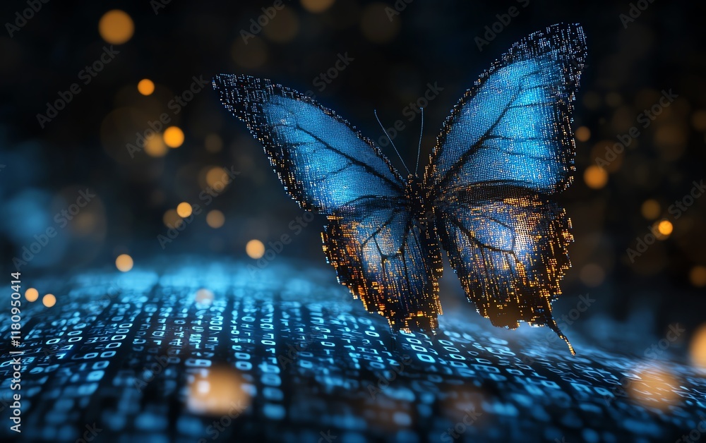 Leinwandbilder Digital transformation, pixelated butterfly flying out from binary code, symbolizing technology and business evolution, hyperrealistic digital art representation