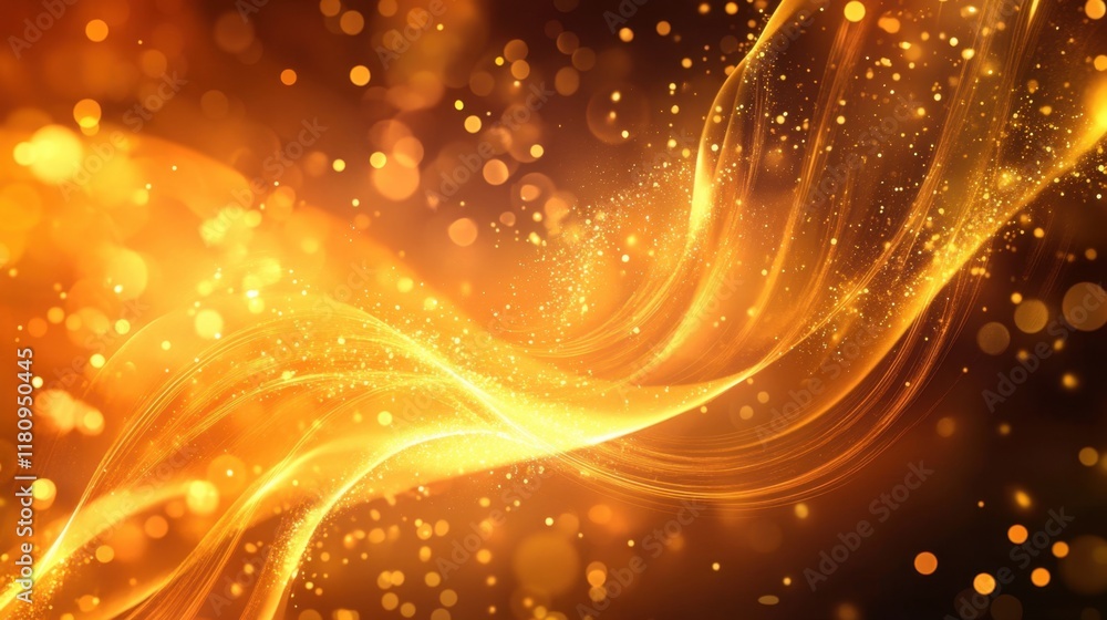 Poster a vibrant, swirling pattern of golden hues and sparkling particles, creating a dynamic, luminous eff