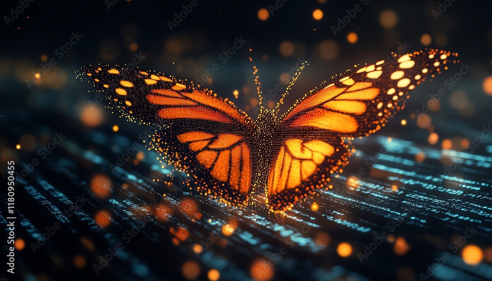 Poster Digital transformation symbolism, pixelated butterfly emerging from flowing binary code, hyperrealistic technology evolution, business advancement through innovation