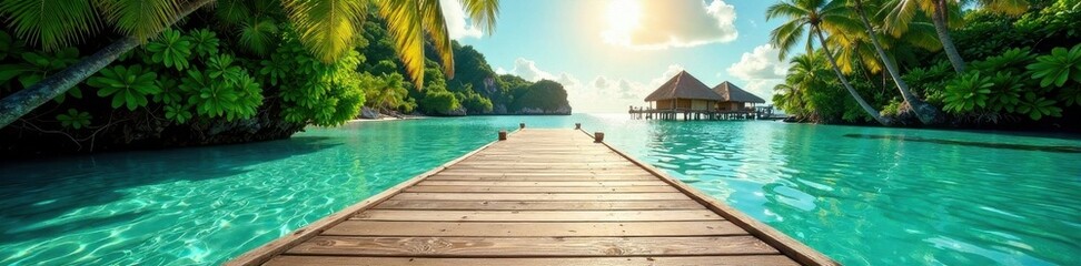 Fototapeta premium Sun-drenched wooden dock extends over turquoise water, lush tropical foliage backdrop, bright, nature, sun