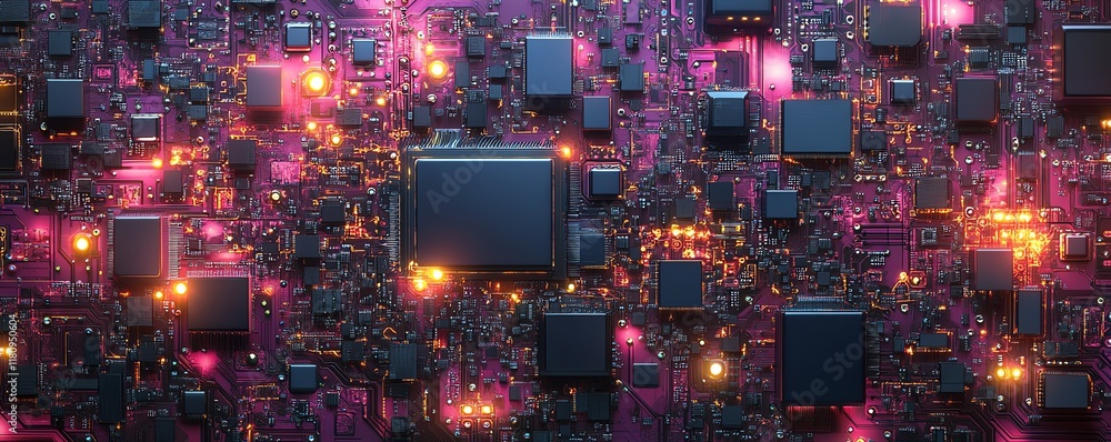 Aufkleber Futuristic abstract technology artwork showcasing intricate, glowing circuit patterns and electronic components in hyperrealistic detail on a digital circuit board