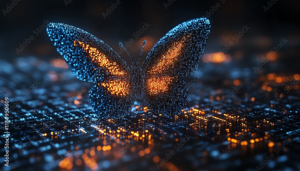 Poster Digital transformation symbolism, pixelated butterfly emerging from flowing binary code, hyperrealistic technology evolution, business advancement through innovation