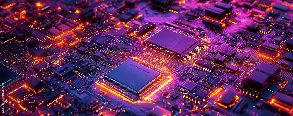 Aufkleber Futuristic abstract technology artwork showcasing intricate, glowing circuit patterns and electronic components in hyperrealistic detail on a digital circuit board