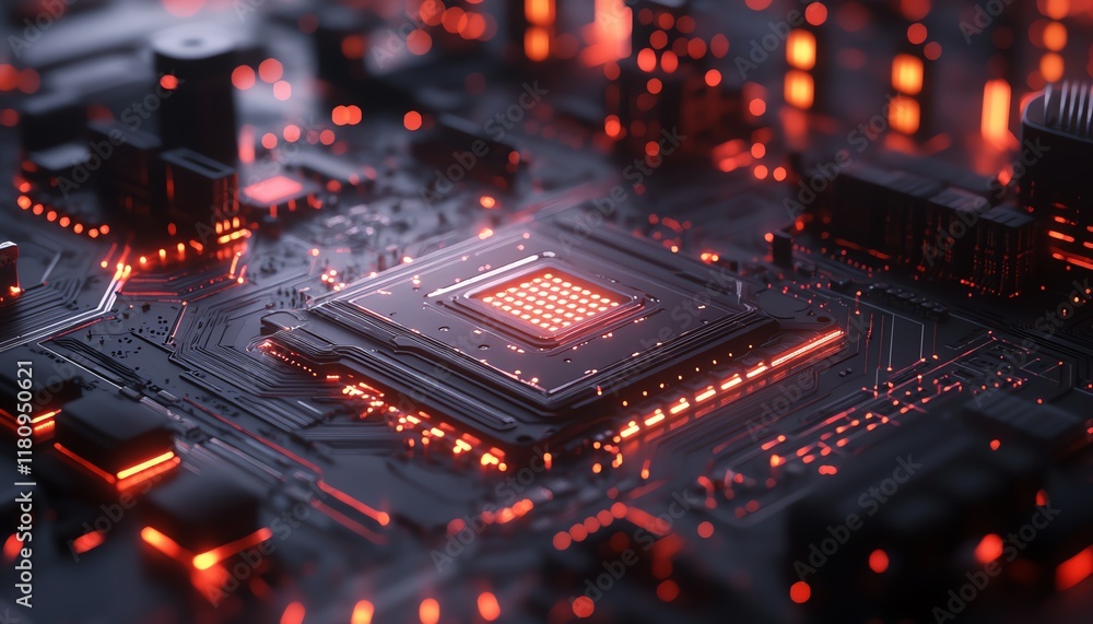 Fototapete Glowing abstract circuitry design on a futuristic circuit board, with hyperrealistic lighting and precision detailing of electronic components
