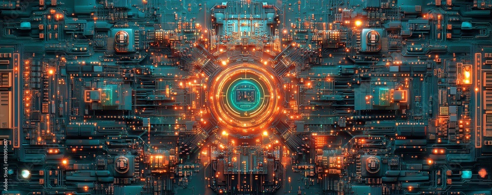 Aufkleber Futuristic abstract technology artwork showcasing intricate, glowing circuit patterns and electronic components in hyperrealistic detail on a digital circuit board