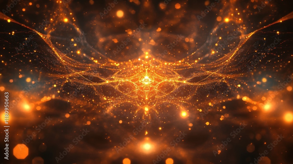 Poster a mesmerizing abstract design featuring luminous golden particles and intricate patterns, evoking a 