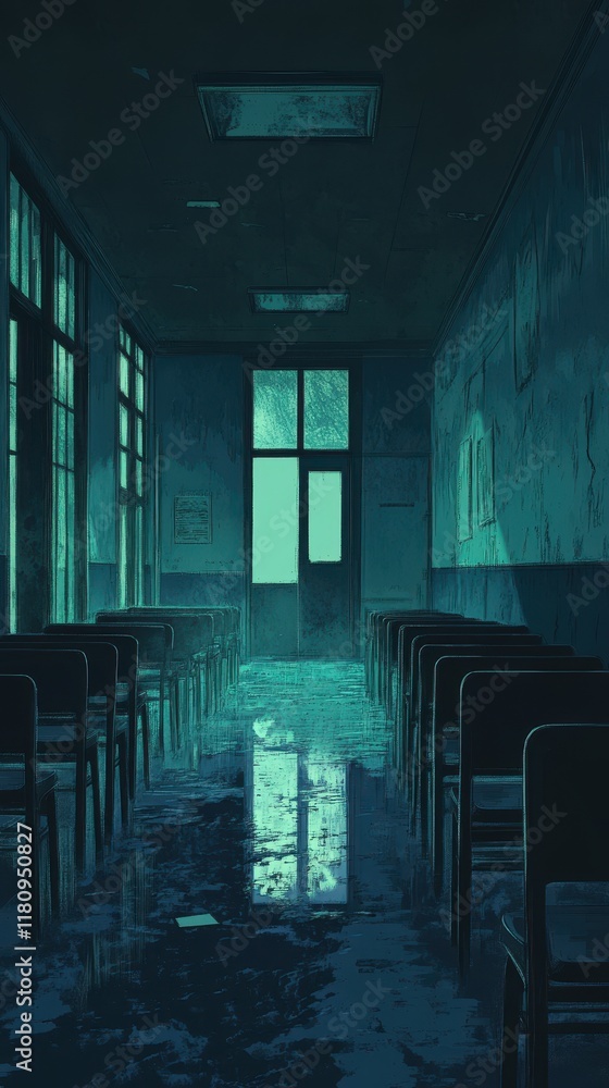 Poster deserted classroom rows of empty chairs and windows