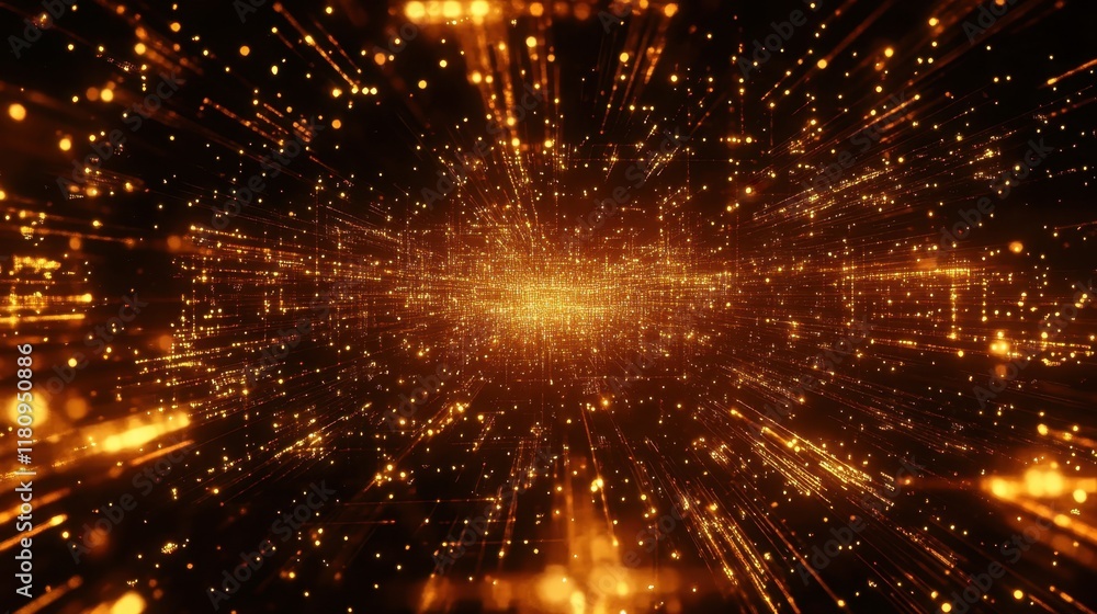 Poster a dazzling visual of golden particles and lights creating a sense of depth and motion, evoking a fut