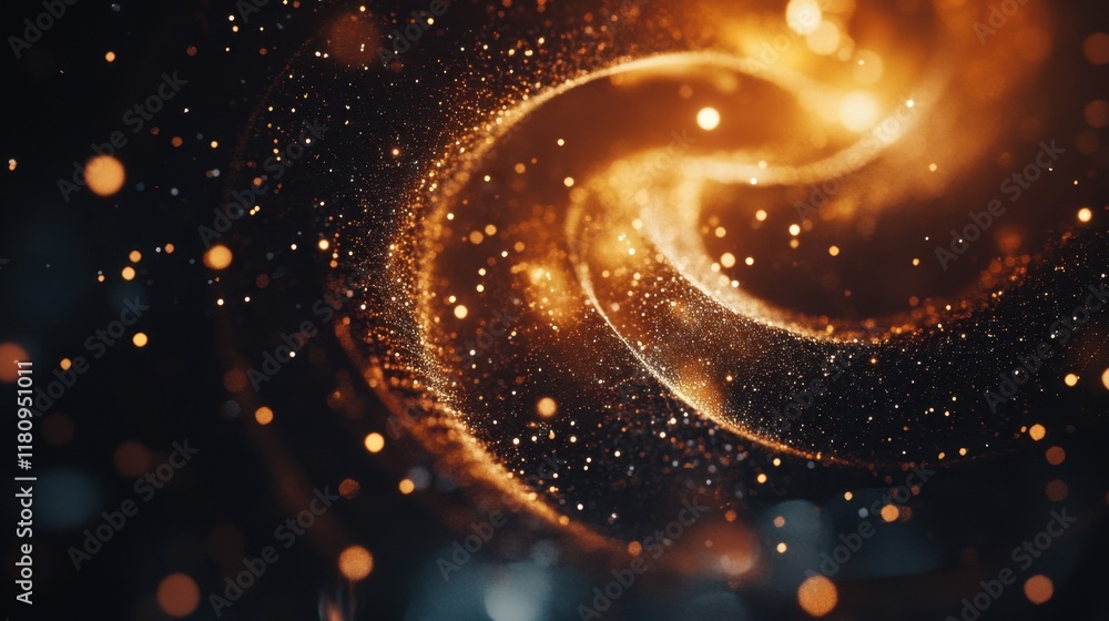 Poster a mesmerizing swirl of golden particles and light effects, creating a cosmic, ethereal atmosphere wi
