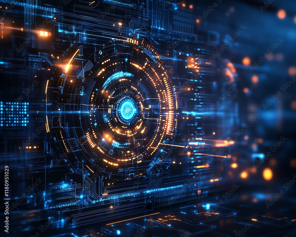 Aufkleber hyperrealistic blue digital technology background, mechanical gears and circuit board patterns, glow