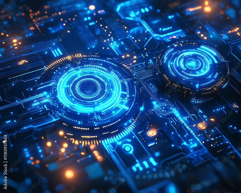 Poster hyperrealistic blue digital technology backdrop, mechanical gears, intricate circuit board layout, i