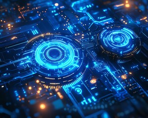 Hyperrealistic blue digital technology backdrop, mechanical gears, intricate circuit board layout, illuminated digital lines, futuristic and sleek tech environment
