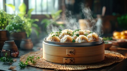 Steaming dumplings, rustic kitchen, Asian food, herbal garnish, restaurant menu
