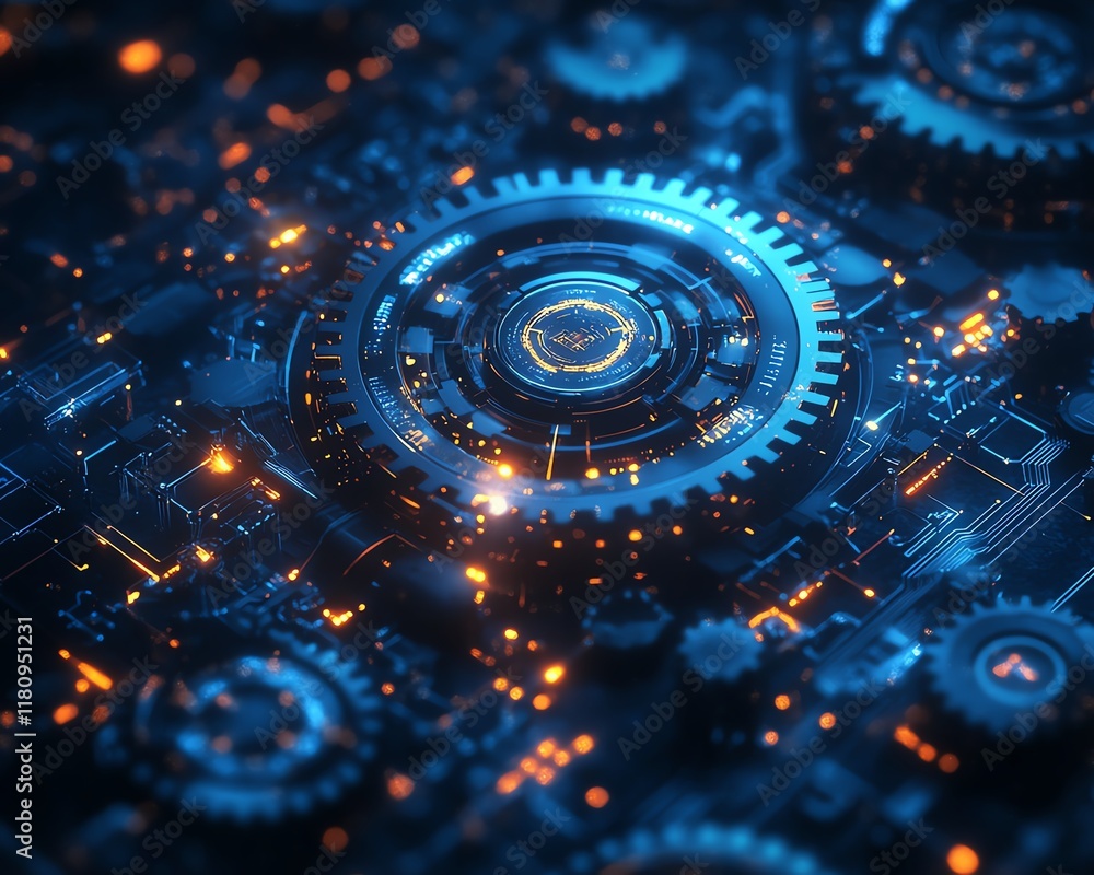 Aufkleber hyperrealistic blue digital technology background, mechanical gears and circuit board patterns, glow