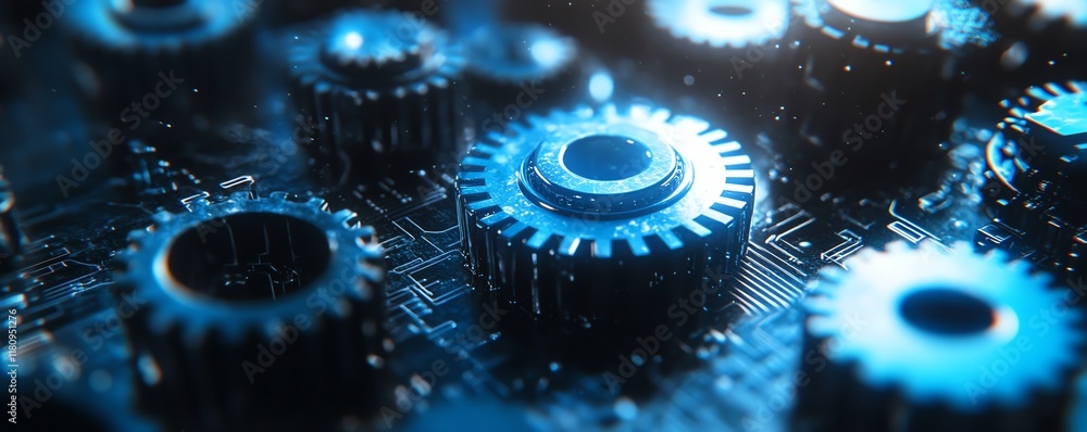 Fototapete hyperrealistic blue digital tech background, mechanical gears and circuit patterns, glowing digital 