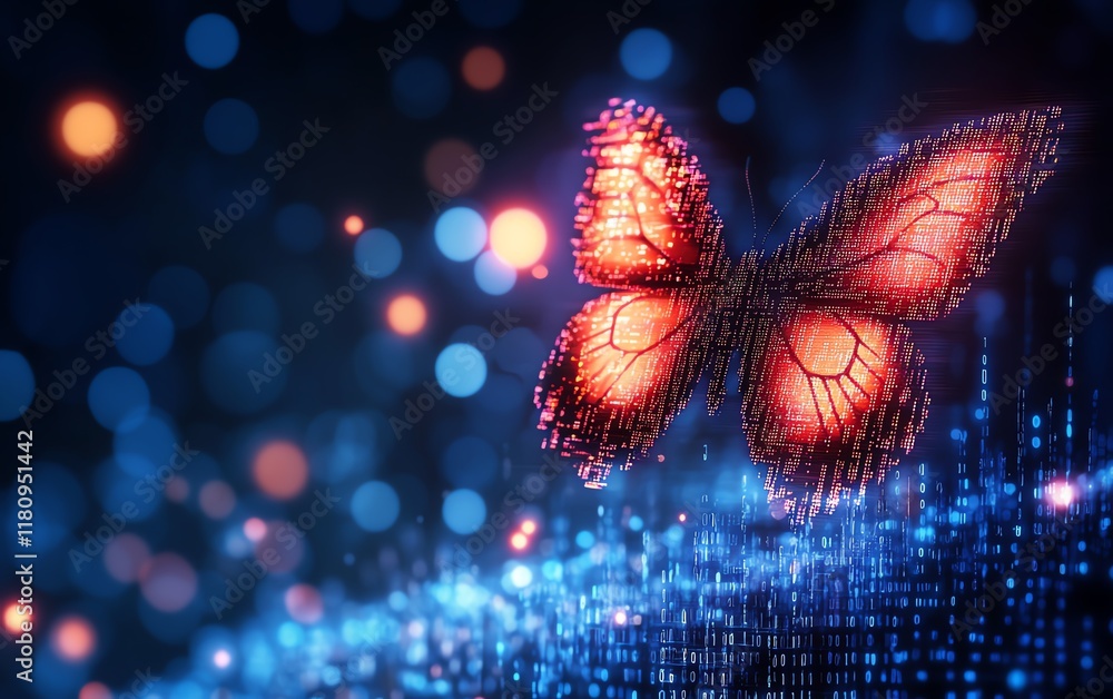 Poster Hyperrealistic digital transformation concept, pixelated butterfly flying out of binary code, symbolizing the evolution of technology and business, futuristic aesthetic