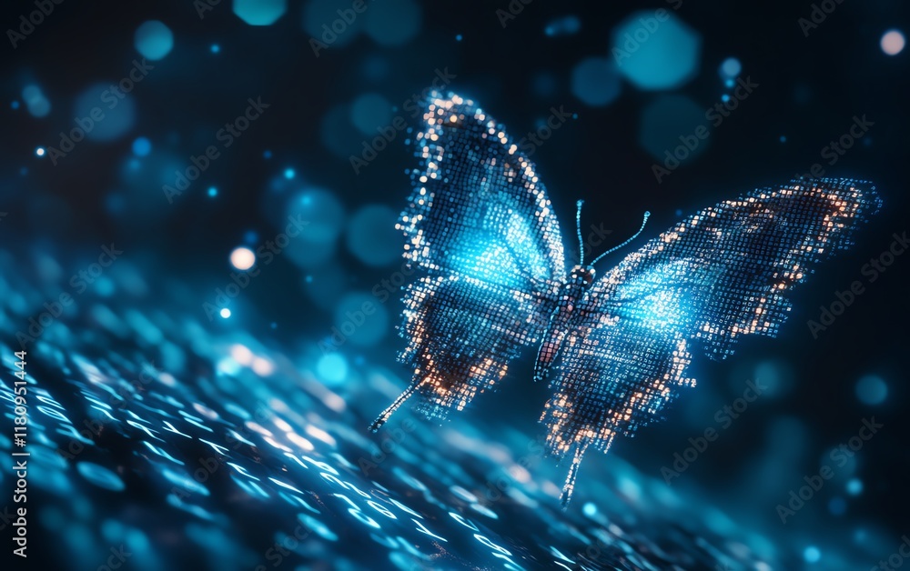 Poster Hyperrealistic digital transformation concept, pixelated butterfly flying out of binary code, symbolizing the evolution of technology and business, futuristic aesthetic